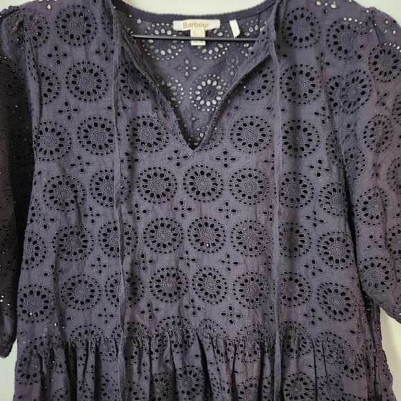Barbour | 100% Cotton Hazel Eyelet Short Sleeve Midi Dress - Sz 4 *Missing Slip* - Picture 3 of 10